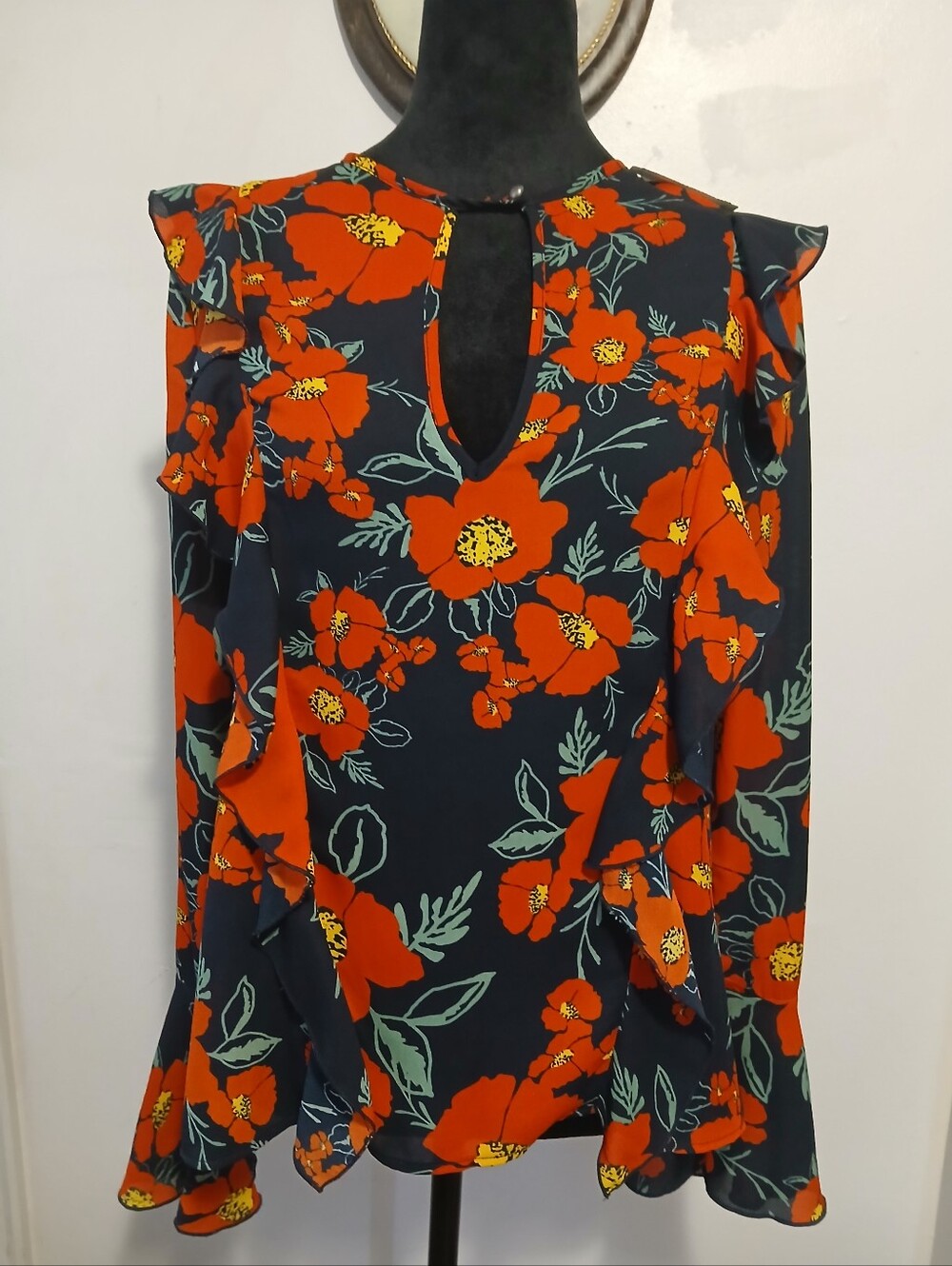 Free People Red Floral Ruffle Sleeve Boho Blouse Flowy Peasant Top Womens Small